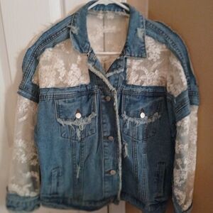 Women's Blue Denim Jacket with Lace Accents